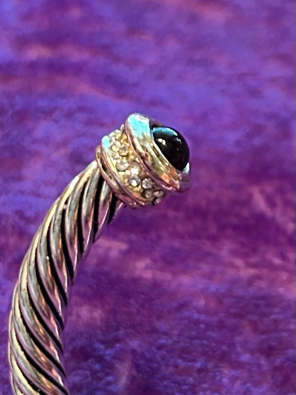 Sterling-Tone Twisted Cable Cuff Bracelet with Black Gem End Caps